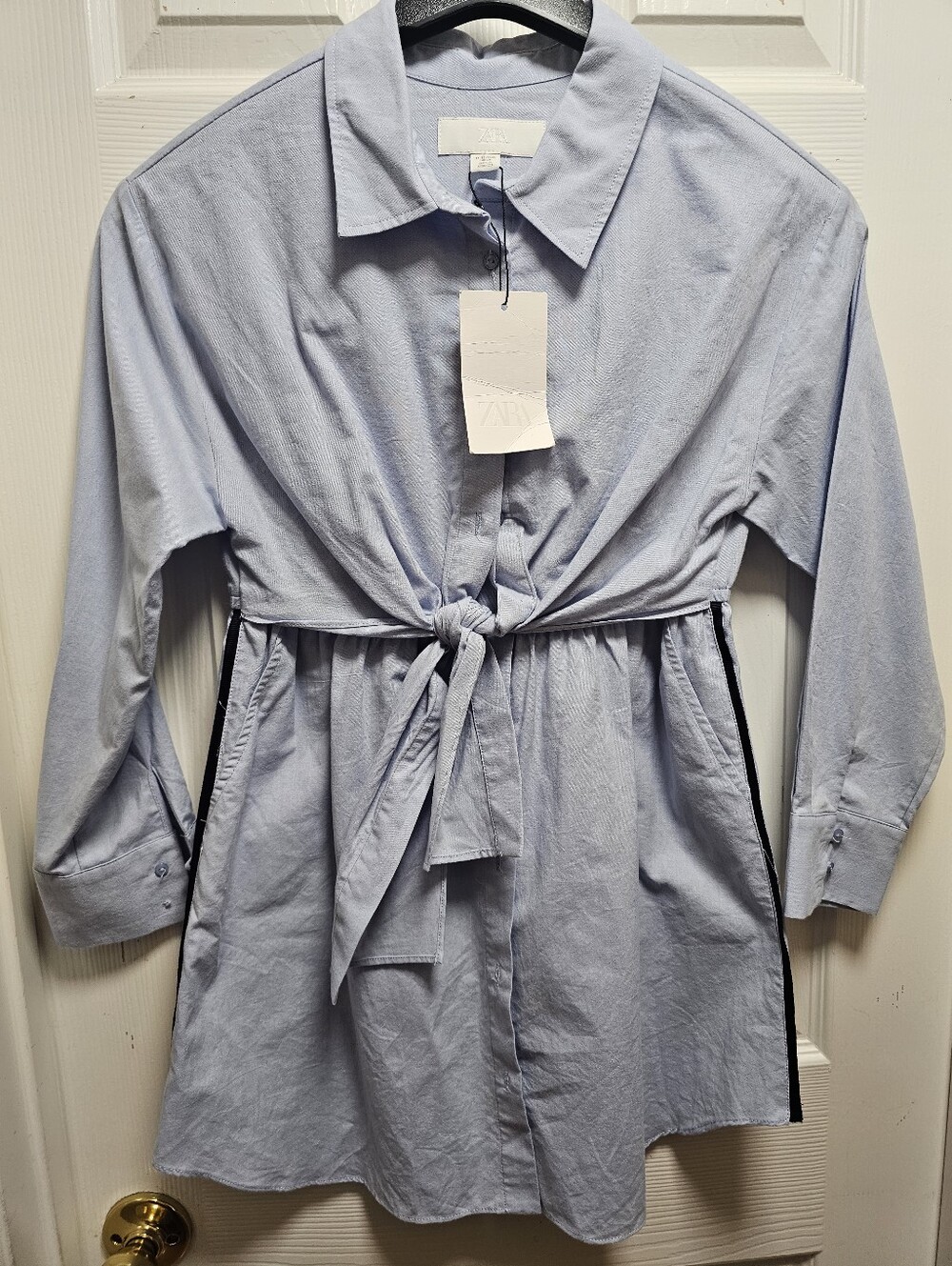 ZARA Girls Blue Tie Front Shirt Dress Size 11-12 Years Long Sleeve Button Upf